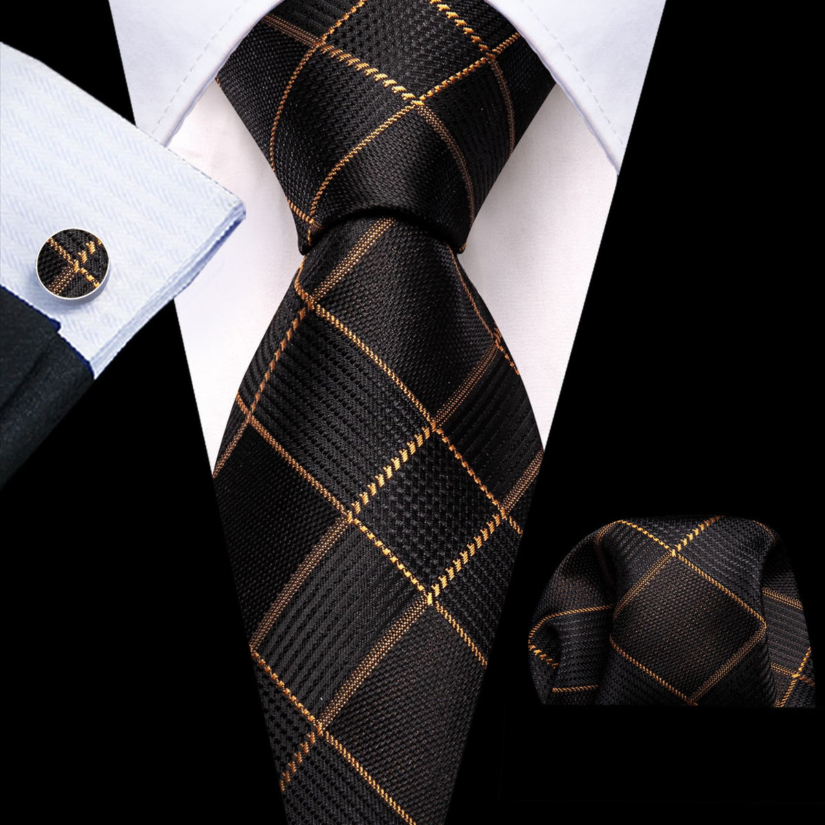 Black Golden Plaid Stripes Tie, Pocket Square and Cufflinks Set tie sets - Sophisticated Gentlemen