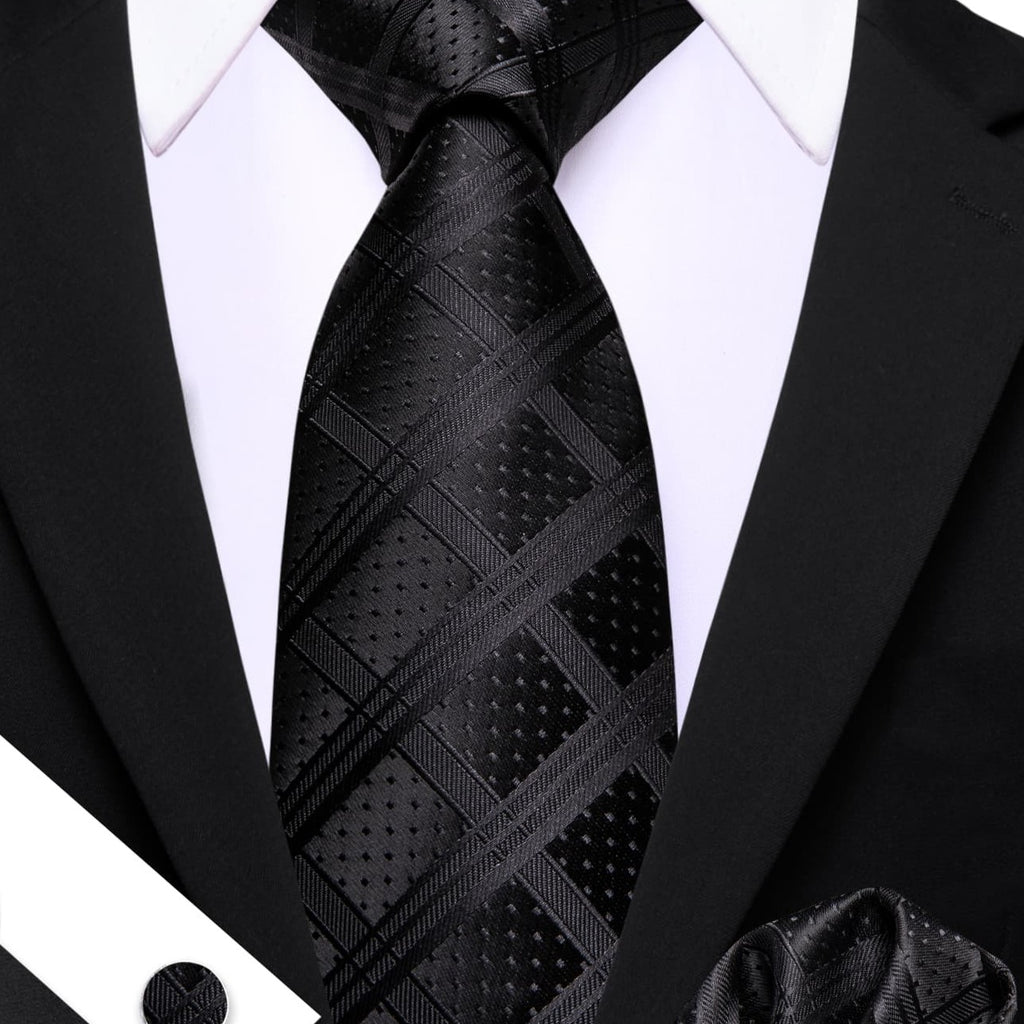 Black Plaid Tie, Pocket Square and Cufflinks Set tie sets - Sophisticated Gentlemen