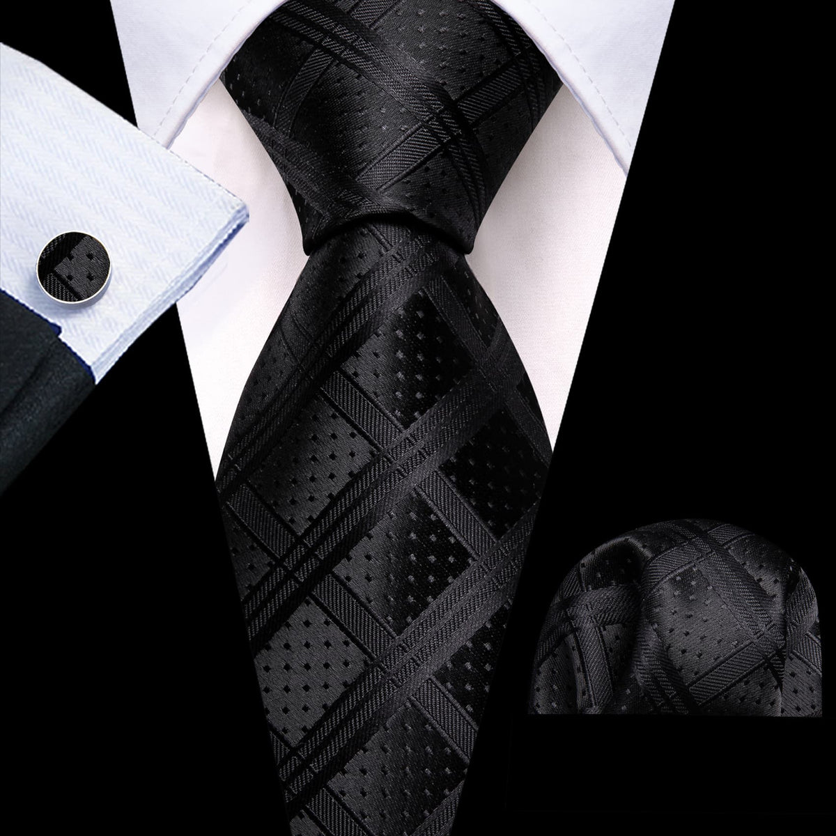 Black Plaid Tie, Pocket Square and Cufflinks Set tie sets - Sophisticated Gentlemen