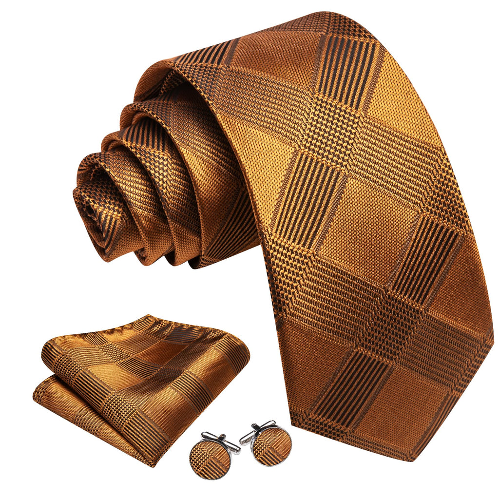 Gold Black Checkered Plaid Tie, Pocket Square and Cufflinks Set tie sets - Sophisticated Gentlemen