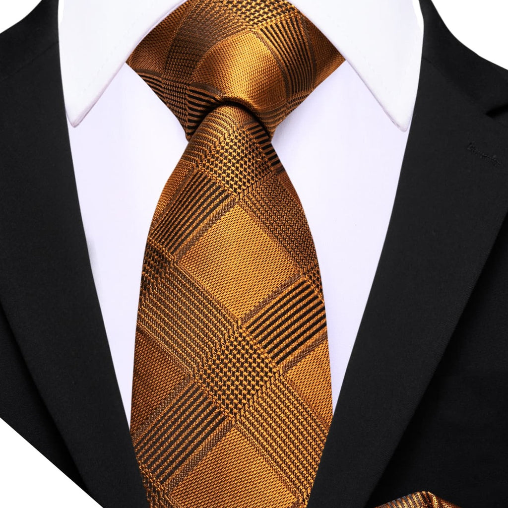 Gold Black Checkered Plaid Tie, Pocket Square and Cufflinks Set tie sets - Sophisticated Gentlemen
