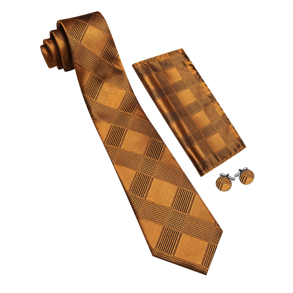 Gold Black Checkered Plaid Tie, Pocket Square and Cufflinks Set tie sets - Sophisticated Gentlemen