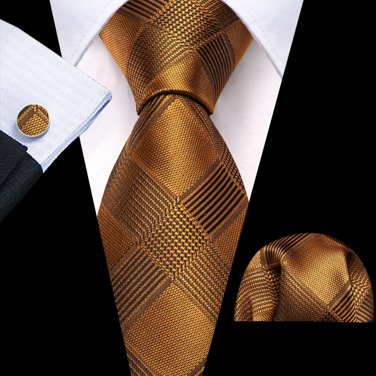 Gold Black Checkered Plaid Tie, Pocket Square and Cufflinks Set tie sets - Sophisticated Gentlemen