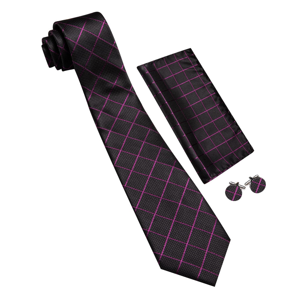 Black Purple Plaid Stripes Tie, Pocket Square and Cufflinks Set tie sets - Sophisticated Gentlemen