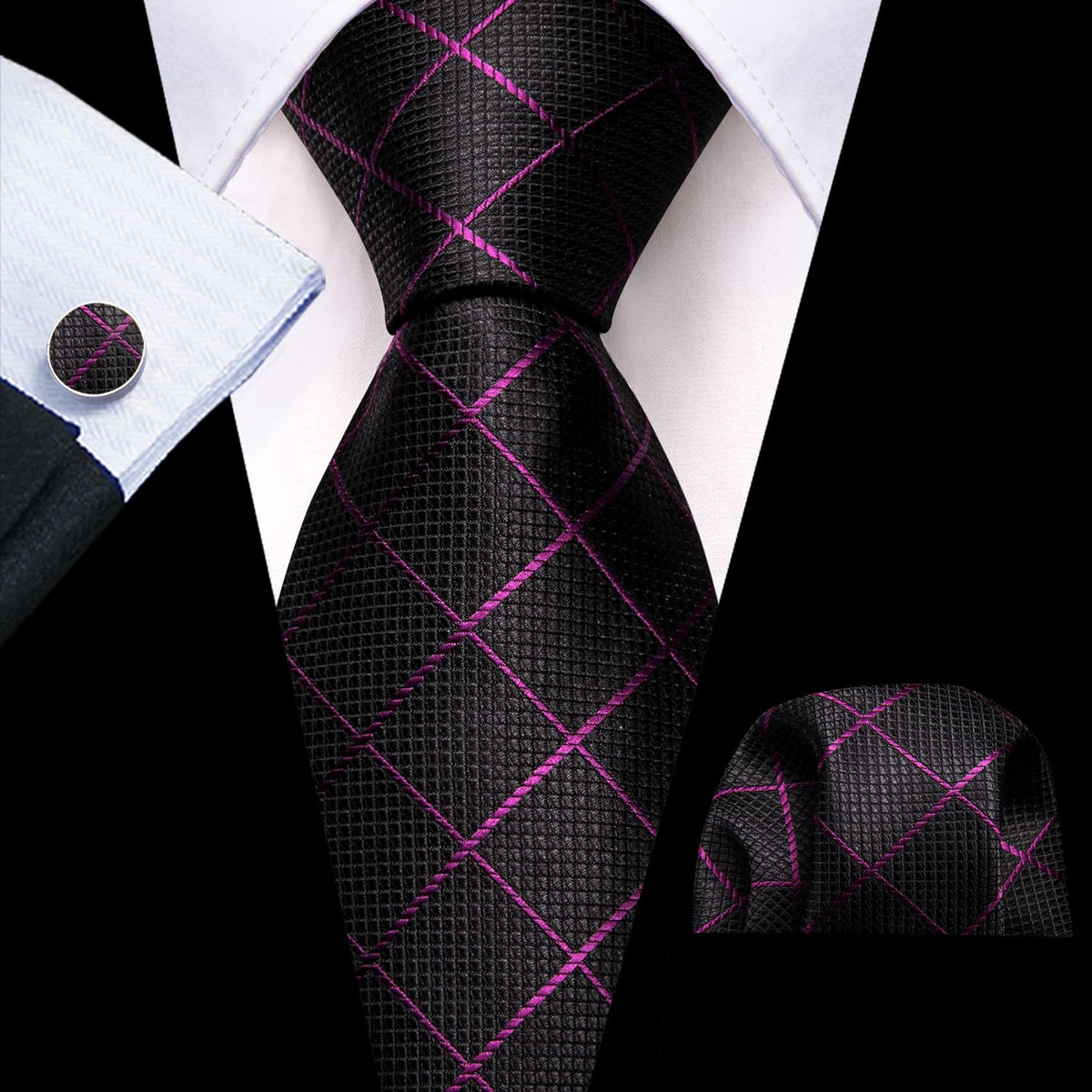 Black Purple Plaid Stripes Tie, Pocket Square and Cufflinks Set tie sets - Sophisticated Gentlemen