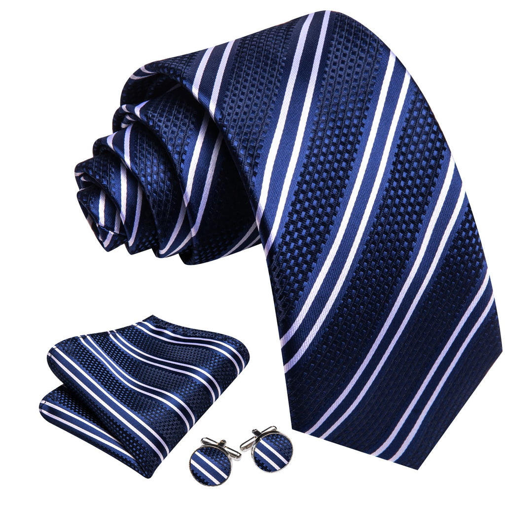 Blue White Stripes Tie, Pocket Square and Cufflinks Set tie sets - Sophisticated Gentlemen