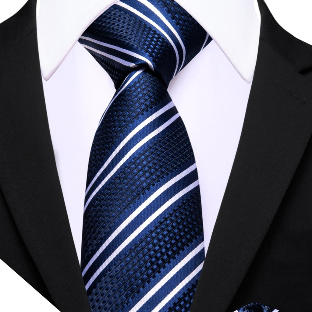 Blue White Stripes Tie, Pocket Square and Cufflinks Set tie sets - Sophisticated Gentlemen