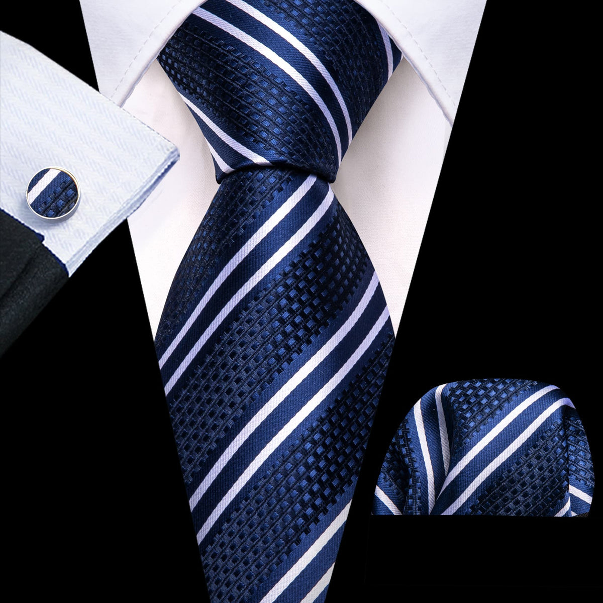 Blue White Stripes Tie, Pocket Square and Cufflinks Set tie sets - Sophisticated Gentlemen