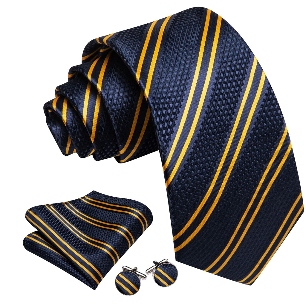Blue Yellow Striped Tie, Pocket Square and Cufflinks Set tie sets - Sophisticated Gentlemen