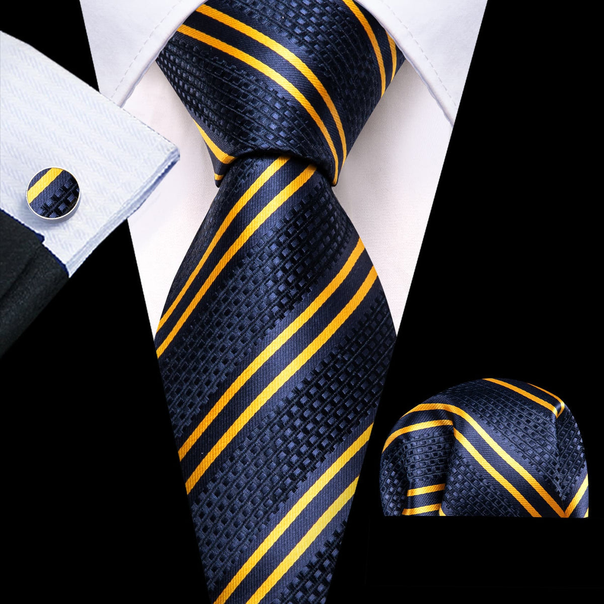 Blue Yellow Striped Tie, Pocket Square and Cufflinks Set tie sets - Sophisticated Gentlemen