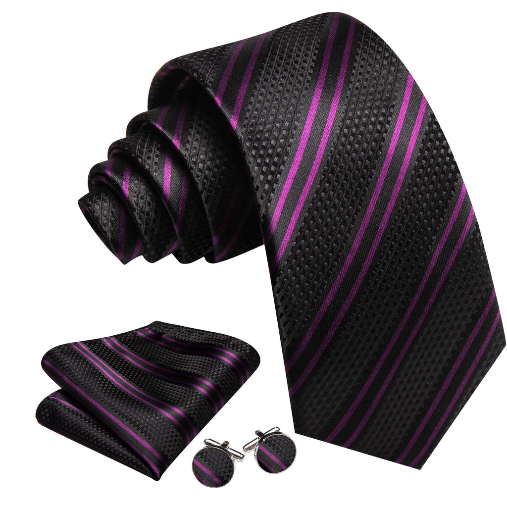 Black Purple Stripes Tie, Pocket Square and Cufflinks Set tie sets - Sophisticated Gentlemen