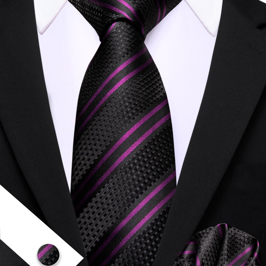 Black Purple Stripes Tie, Pocket Square and Cufflinks Set tie sets - Sophisticated Gentlemen