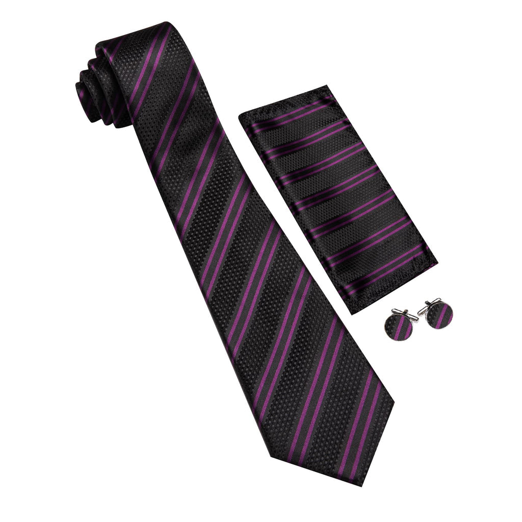 Black Purple Stripes Tie, Pocket Square and Cufflinks Set tie sets - Sophisticated Gentlemen