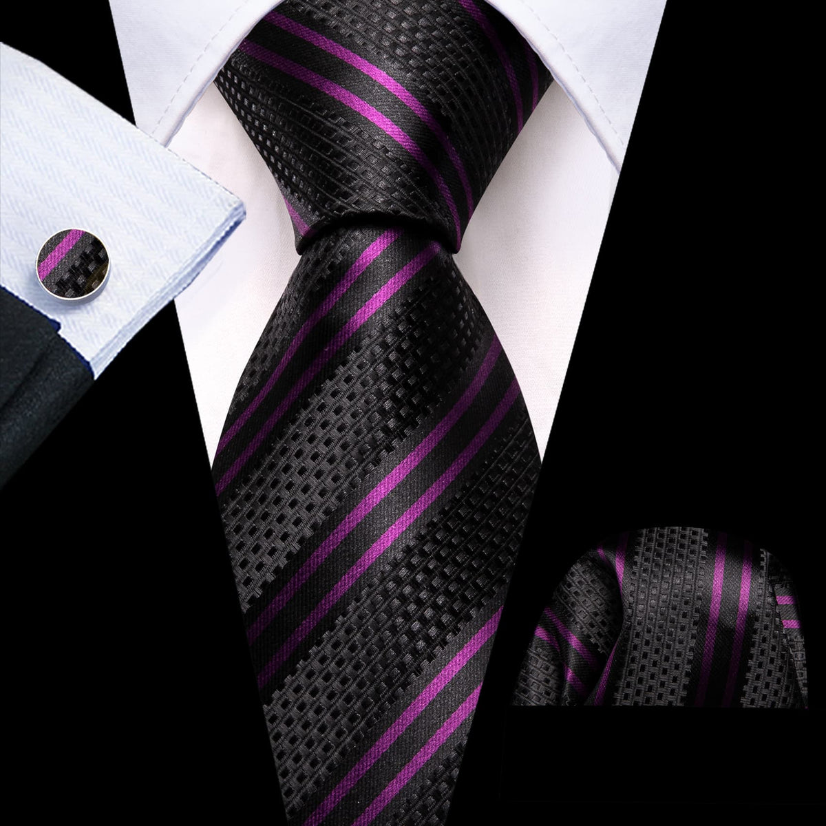 Black Purple Stripes Tie, Pocket Square and Cufflinks Set tie sets - Sophisticated Gentlemen