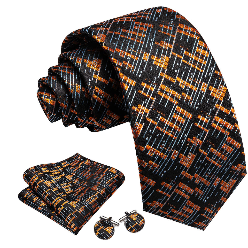 Black Gray Golden Geometric Tie, Pocket Square and Cufflinks Set tie sets - Sophisticated Gentlemen