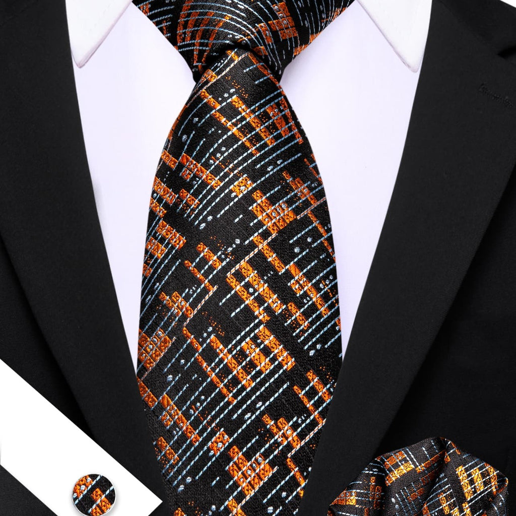 Black Gray Golden Geometric Tie, Pocket Square and Cufflinks Set tie sets - Sophisticated Gentlemen