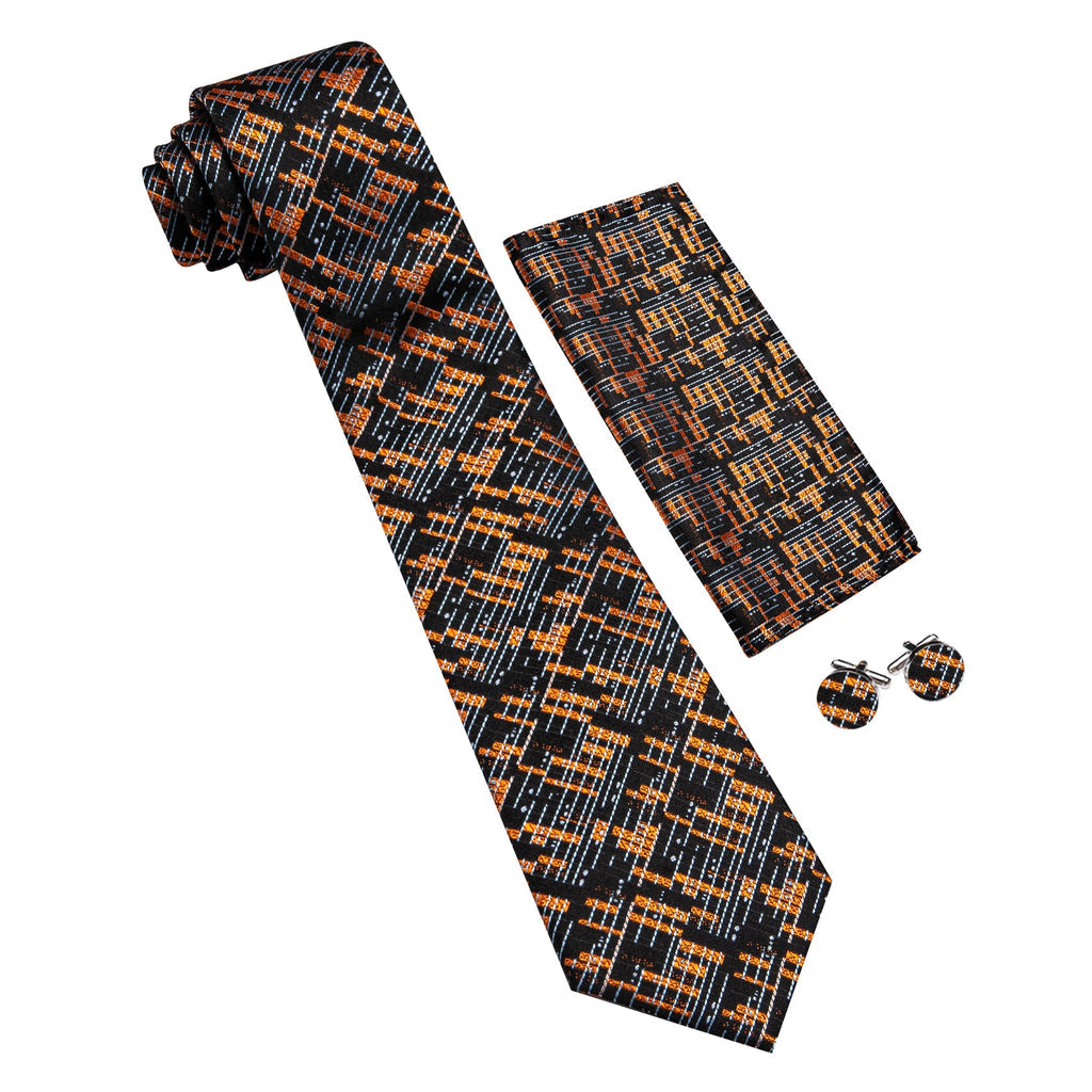 Black Gray Golden Geometric Tie, Pocket Square and Cufflinks Set tie sets - Sophisticated Gentlemen
