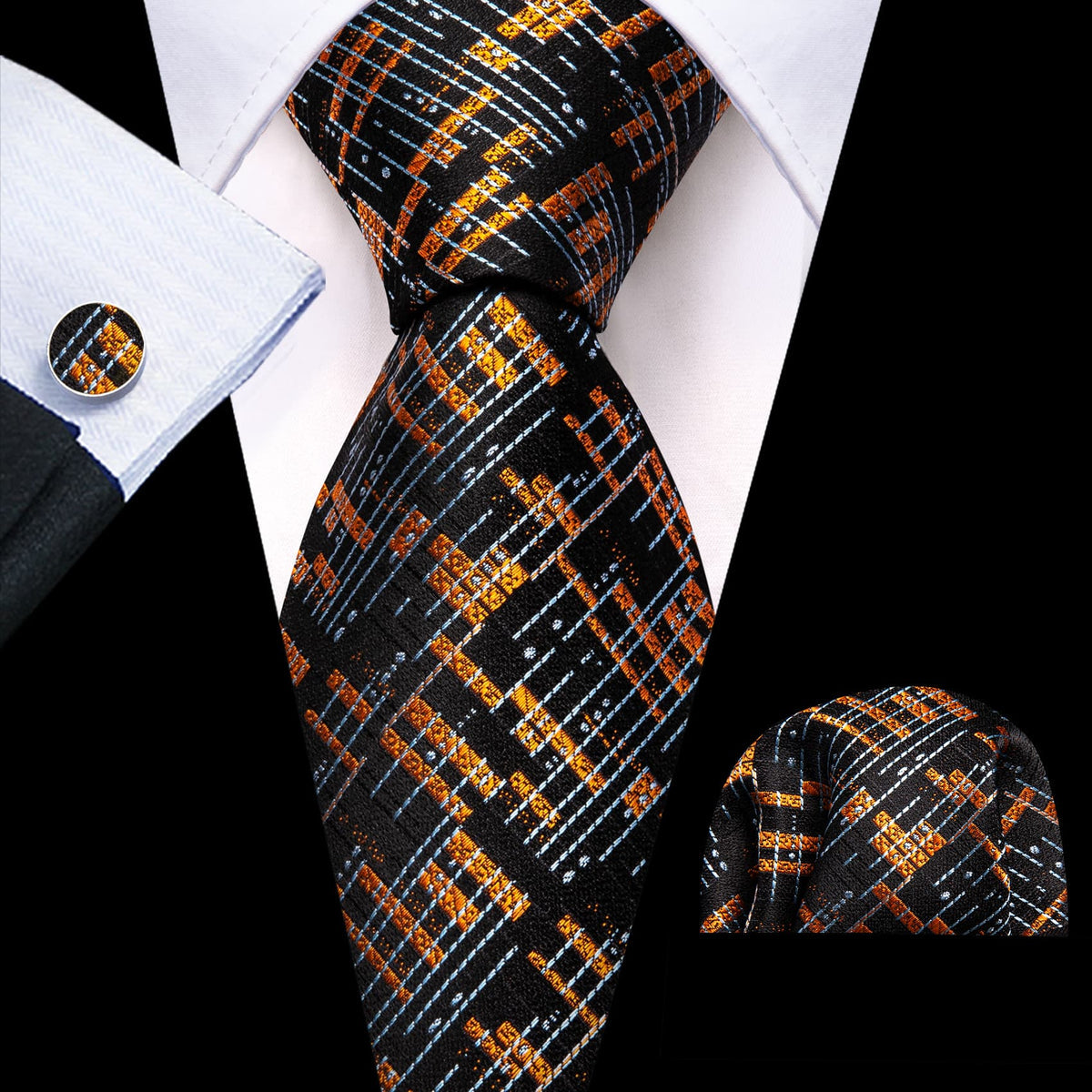 Black Gray Golden Geometric Tie, Pocket Square and Cufflinks Set tie sets - Sophisticated Gentlemen