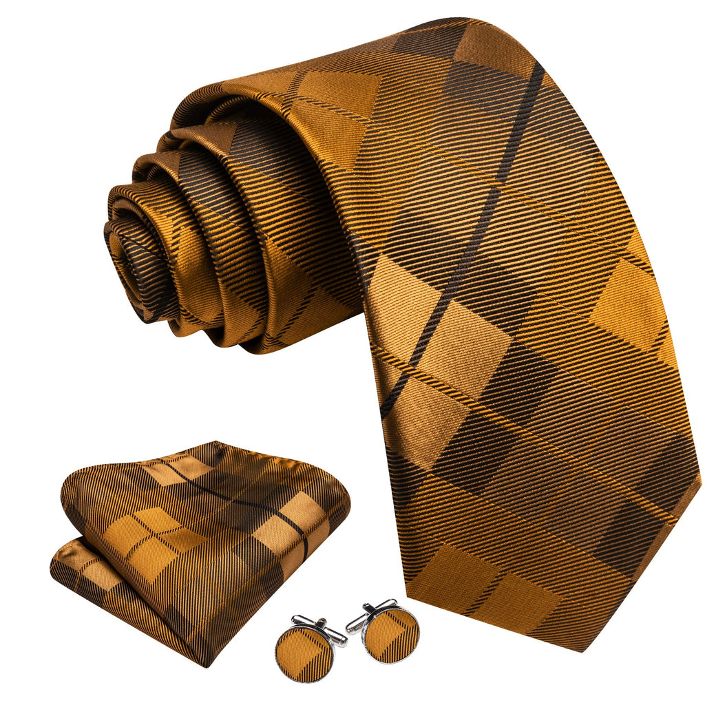 Peru Brown Plaid Checkered Tie, Pocket Square and Cufflinks Set tie sets - Sophisticated Gentlemen