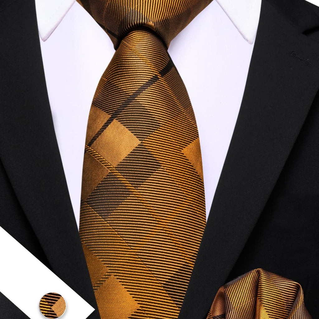 Peru Brown Plaid Checkered Tie, Pocket Square and Cufflinks Set tie sets - Sophisticated Gentlemen