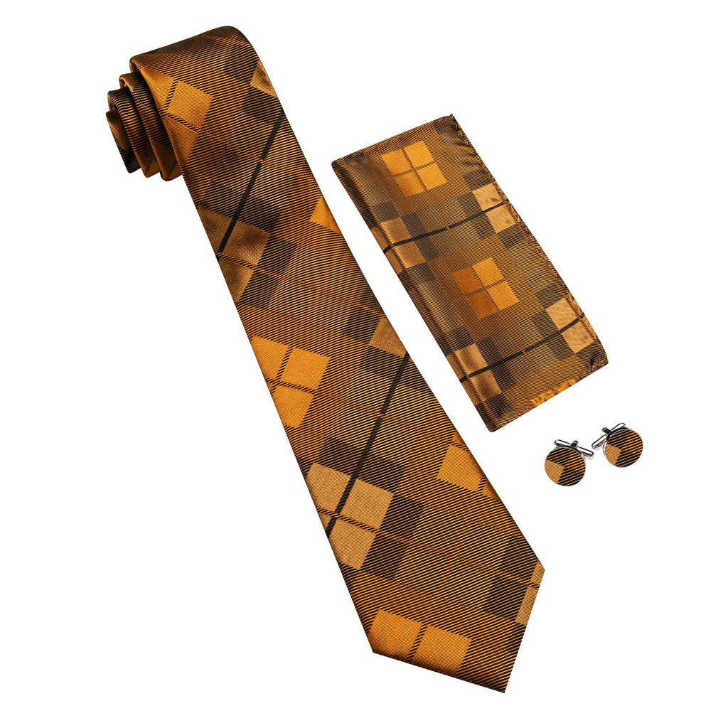 Peru Brown Plaid Checkered Tie, Pocket Square and Cufflinks Set tie sets - Sophisticated Gentlemen