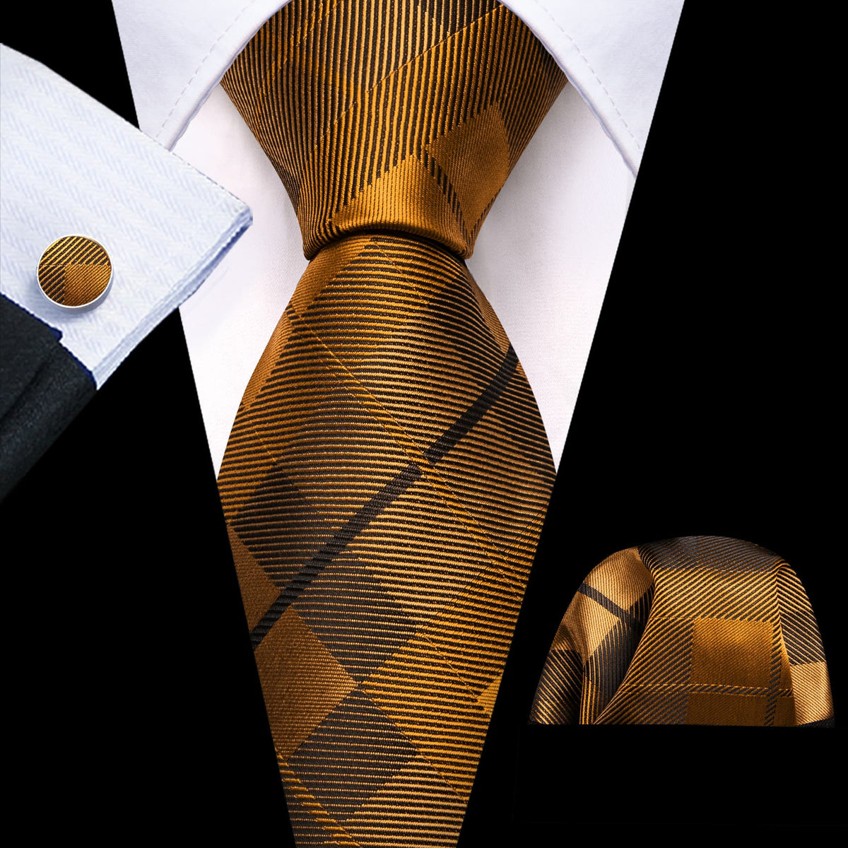 Peru Brown Plaid Checkered Tie, Pocket Square and Cufflinks Set tie sets - Sophisticated Gentlemen