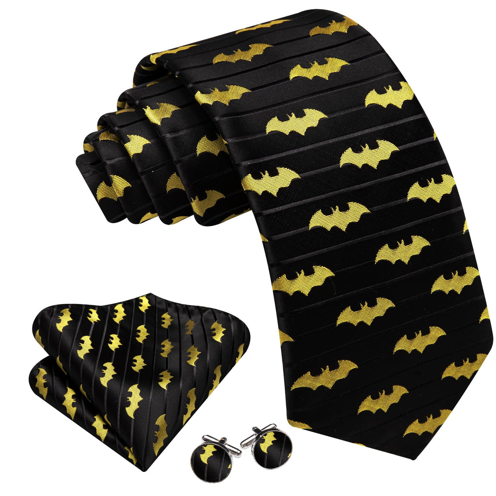 Yellow & Black Jacquard Bat Tie Set with Pocket Square and Cufflinks tie sets    - Sophisticated Gentlemen