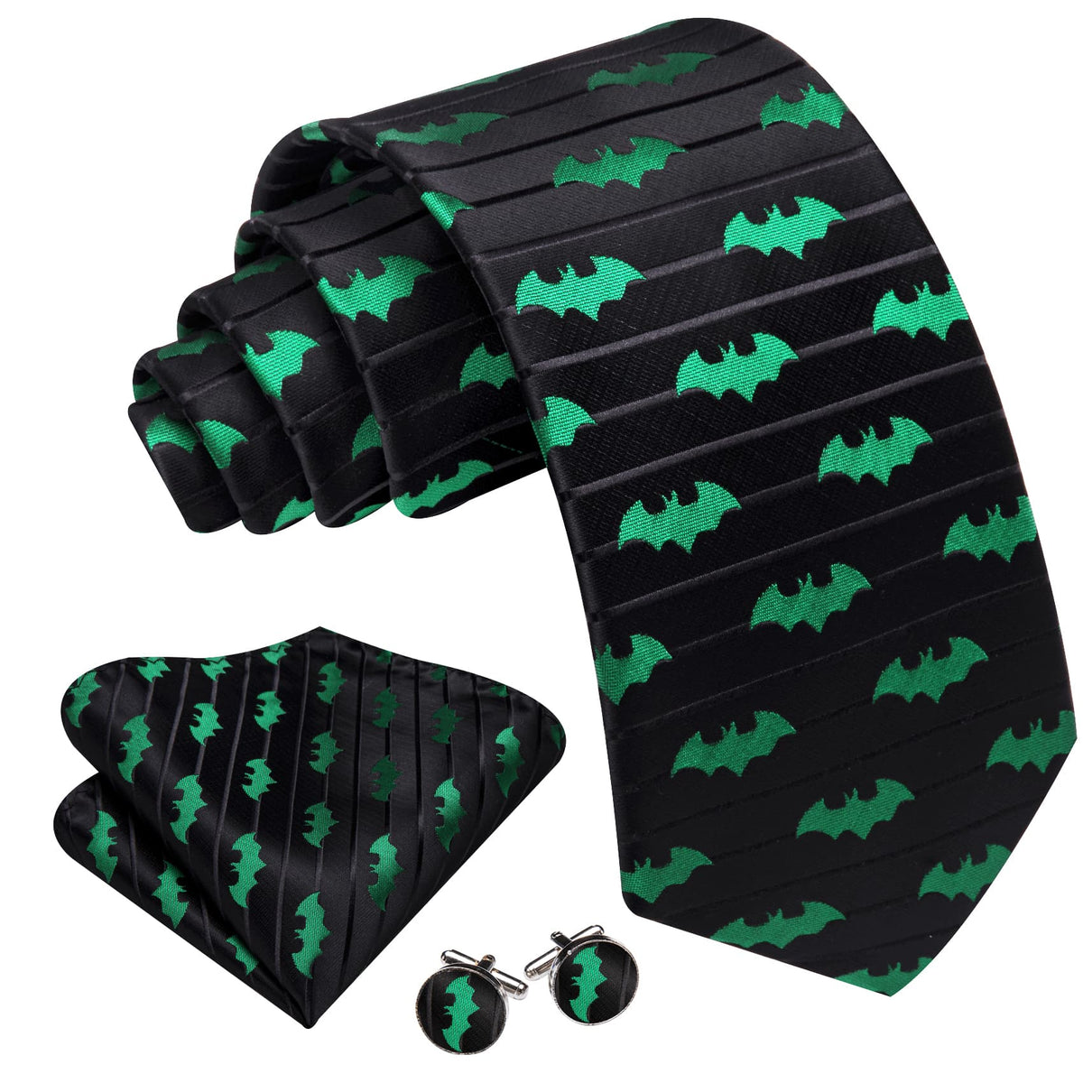 Green & Black Jacquard Bat Tie Set with Pocket Square and Cufflinks tie sets - Sophisticated Gentlemen