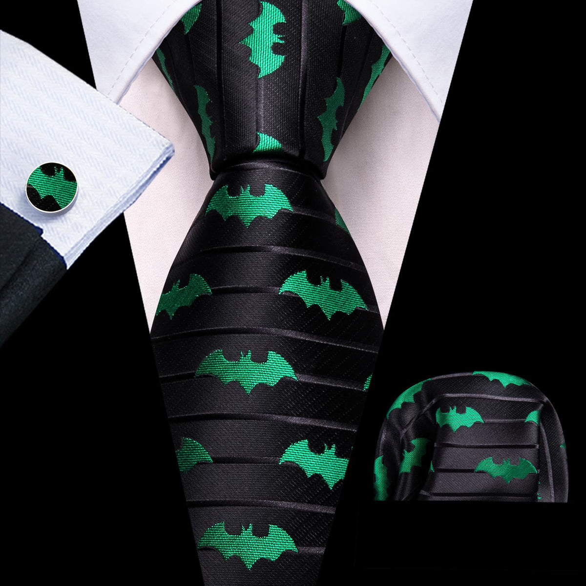 Green & Black Jacquard Bat Tie Set with Pocket Square and Cufflinks tie sets - Sophisticated Gentlemen