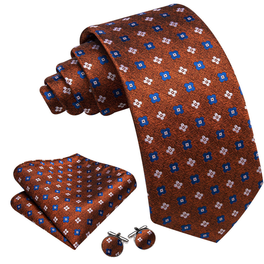 Brown White Blue Jacquard Floral Tie, Pocket Square and Cufflinks Set tie sets - Sophisticated Gentlemen