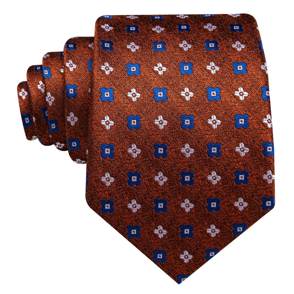 Brown White Blue Jacquard Floral Tie, Pocket Square and Cufflinks Set tie sets - Sophisticated Gentlemen