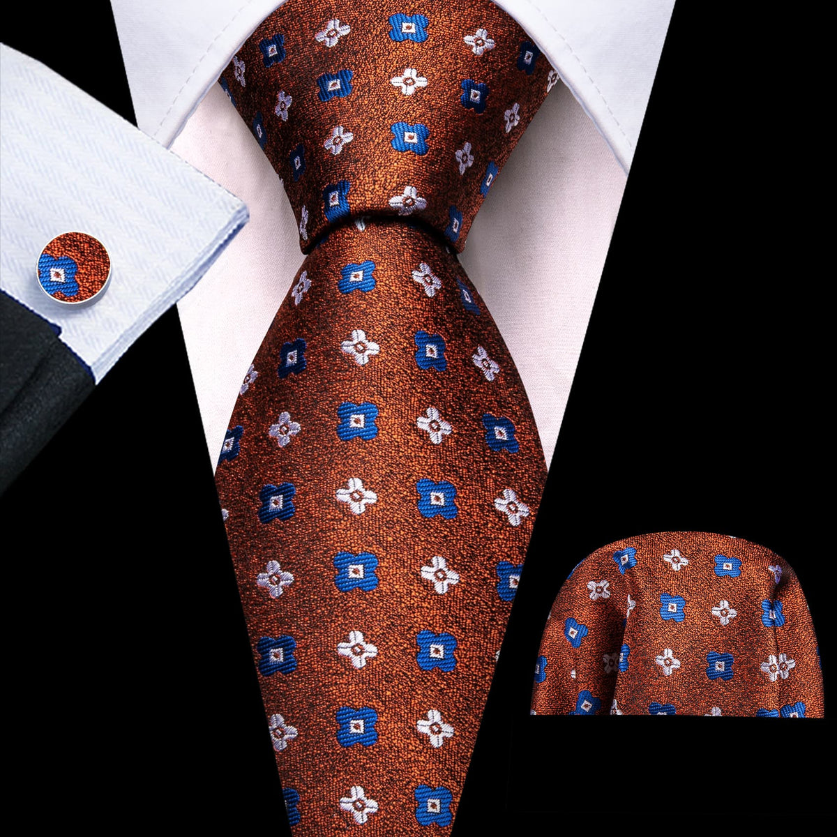 Brown White Blue Jacquard Floral Tie, Pocket Square and Cufflinks Set tie sets - Sophisticated Gentlemen