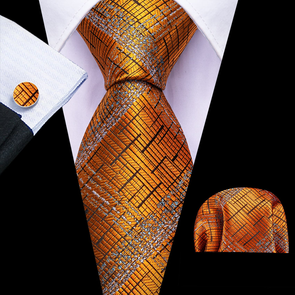 Orange Black Silver Tie, Pocket Square and Cufflinks Set Sophisticated Gentlemen Orange Black Silver Tie, Pocket Square and Cufflinks Set Sophisticated Gentlemen