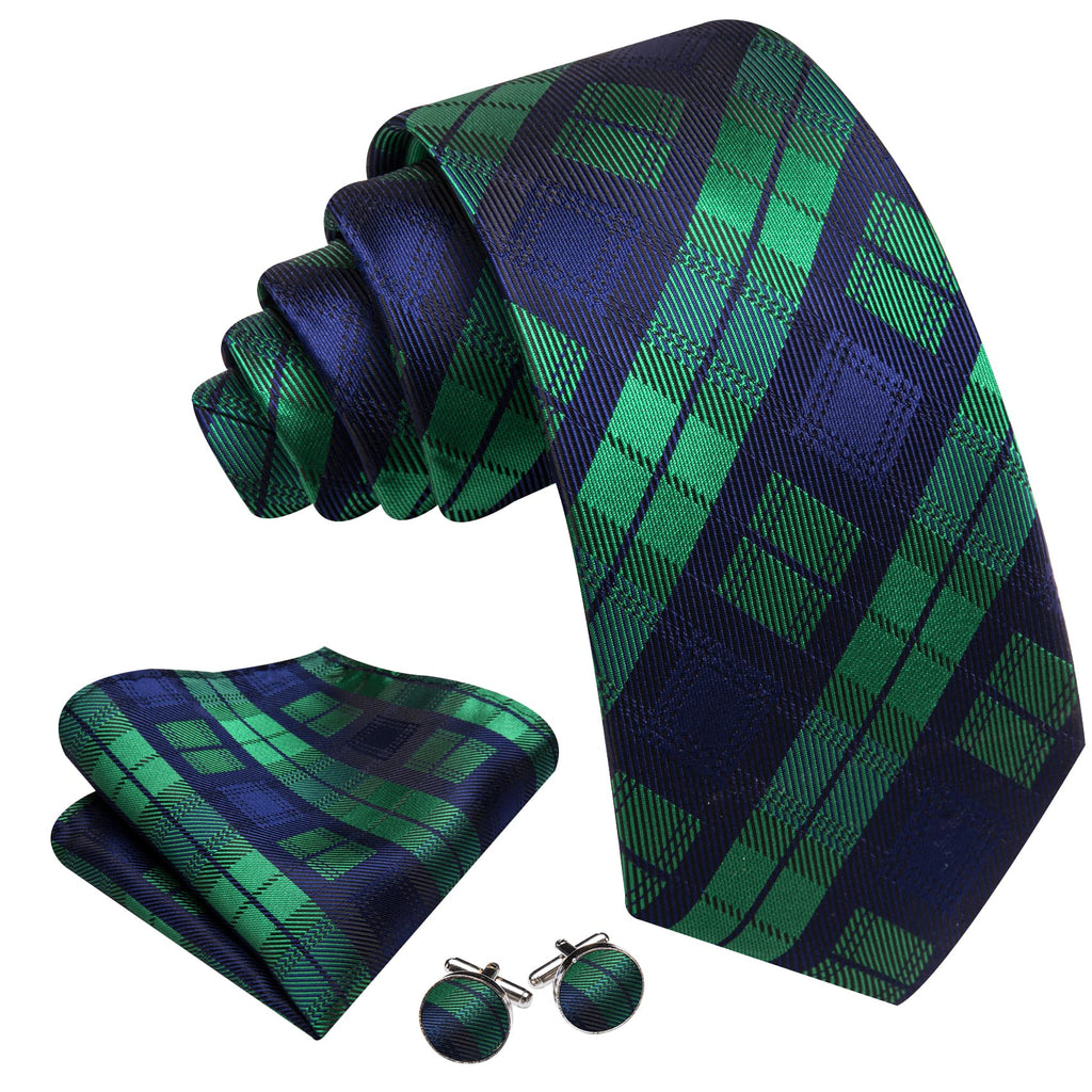 Blue & Green Checkered Silk Tie, Pocket Square and Cufflinks Set tie sets - Sophisticated Gentlemen