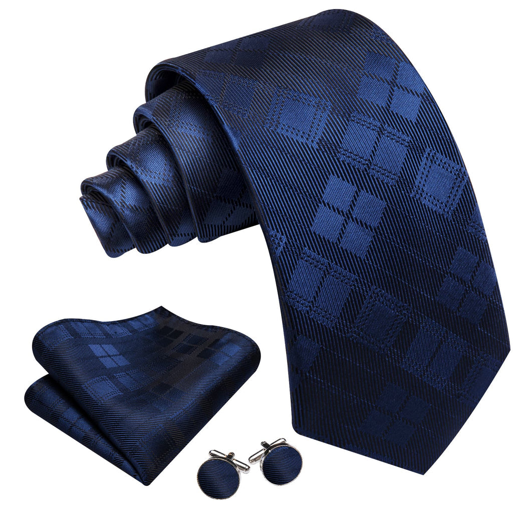 Navy & Charcoal Checkered Silk Tie, Pocket Square and Cufflinks Set tie sets - Sophisticated Gentlemen