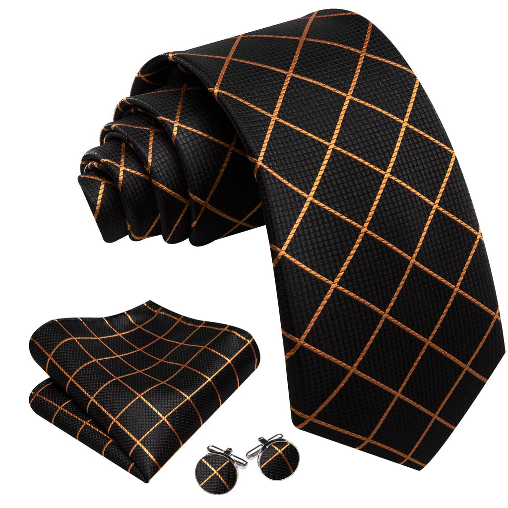 Black & Gold Checkered Silk Tie, Pocket Square & Cufflinks Set tie sets - Sophisticated Gentlemen