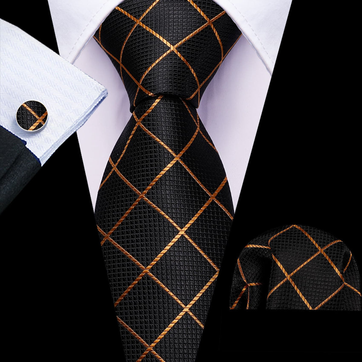 Black & Gold Checkered Silk Tie, Pocket Square & Cufflinks Set tie sets - Sophisticated Gentlemen