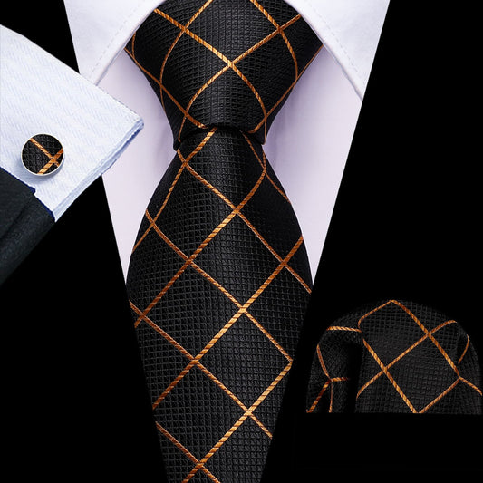 Black & Gold Checkered Silk Tie, Pocket Square & Cufflinks Set tie sets - Sophisticated Gentlemen