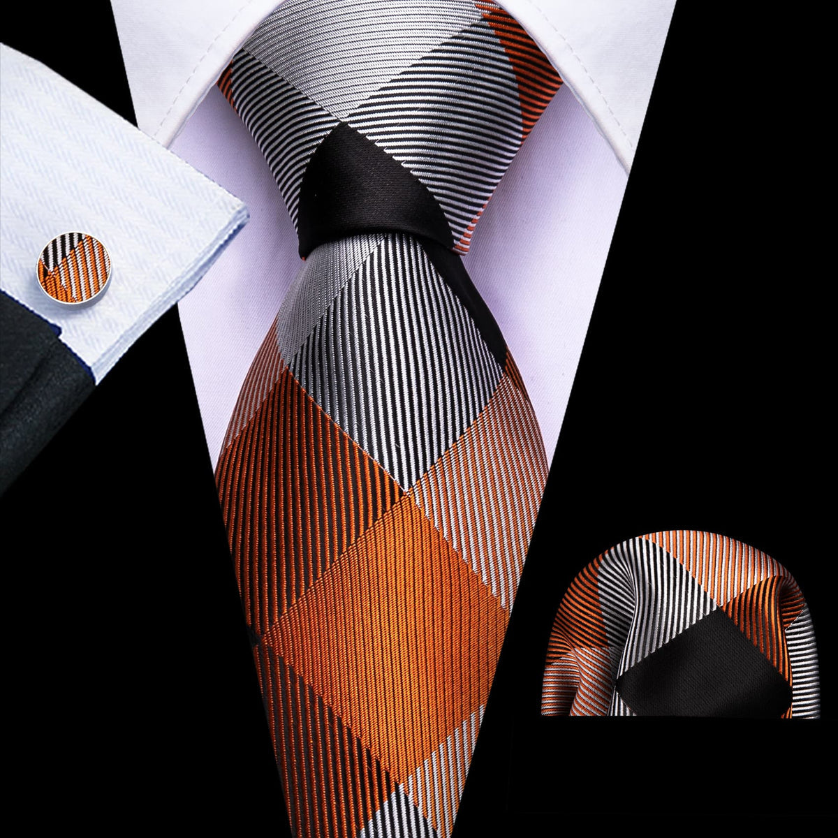 Orange Black Gray Tie, Pocket Square and Cufflinks Set tie sets - Sophisticated Gentlemen