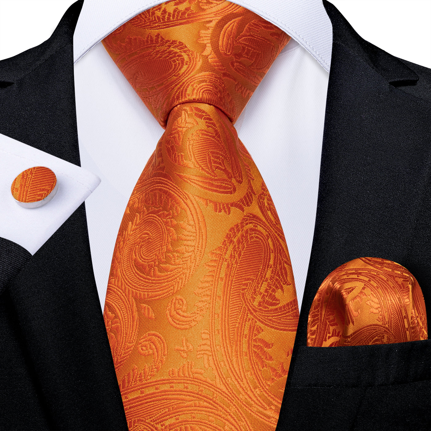 Orange Paisley Silk Tie, Pocket Square & Cufflinks Set tie sets - Sophisticated Gentlemen