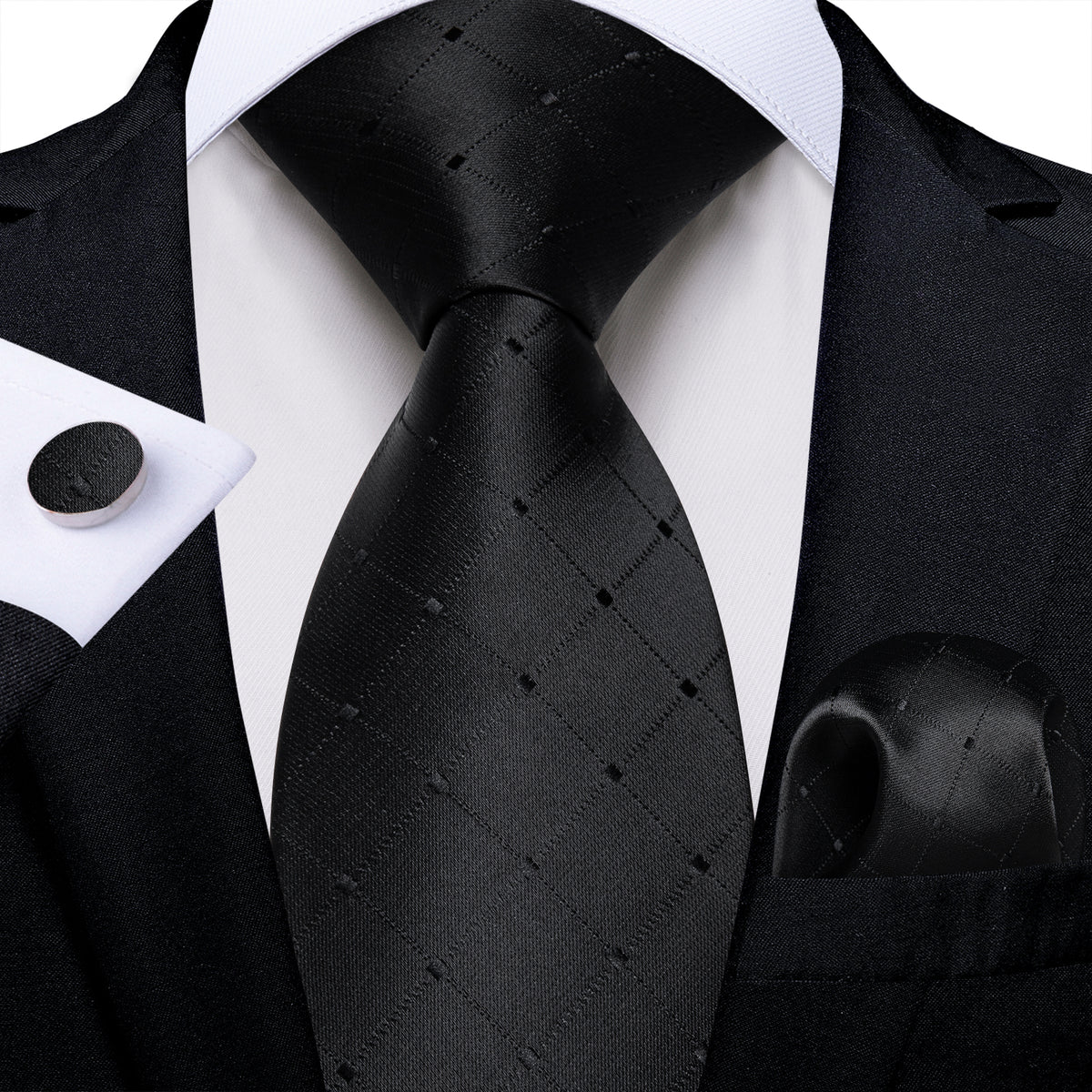 Black Plaid Tie, Pocket Square, Cufflinks and Tie Clip tie sets - Sophisticated Gentlemen