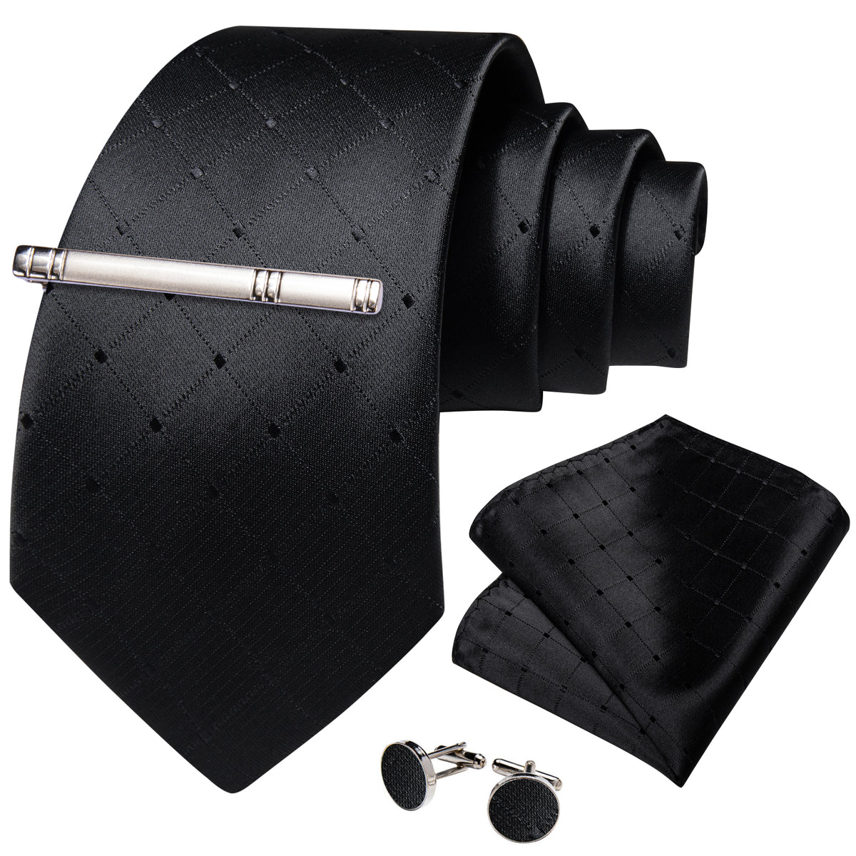 Black Plaid Tie, Pocket Square, Cufflinks and Tie Clip tie sets - Sophisticated Gentlemen