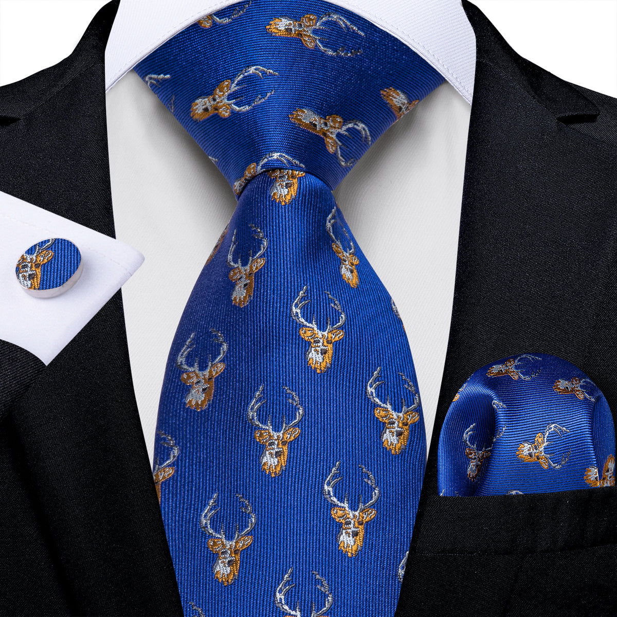 Blue and Brown Deers Tie, Pocket Square, Cufflinks and Tie Clip tie sets - Sophisticated Gentlemen