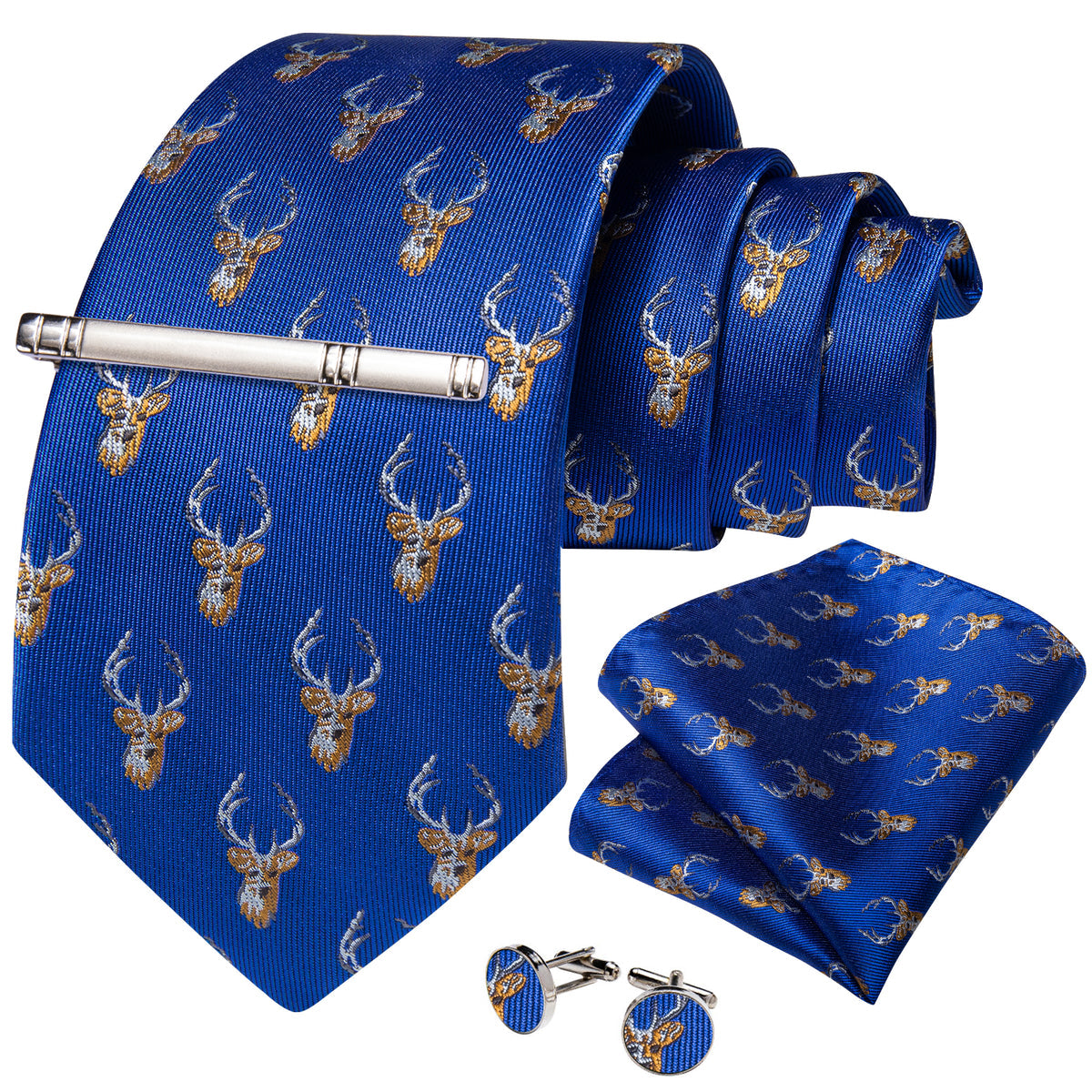 Blue and Brown Deers Tie, Pocket Square, Cufflinks and Tie Clip tie sets - Sophisticated Gentlemen