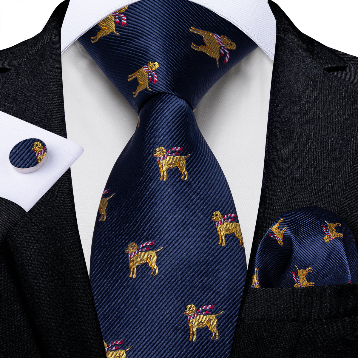 Blue and Yellow Dogs Tie, Pocket Square, Cufflinks and Tie Clip tie sets - Sophisticated Gentlemen