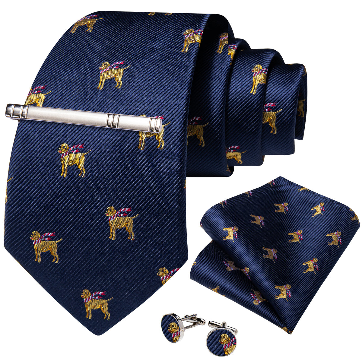Blue and Yellow Dogs Tie, Pocket Square, Cufflinks and Tie Clip tie sets - Sophisticated Gentlemen