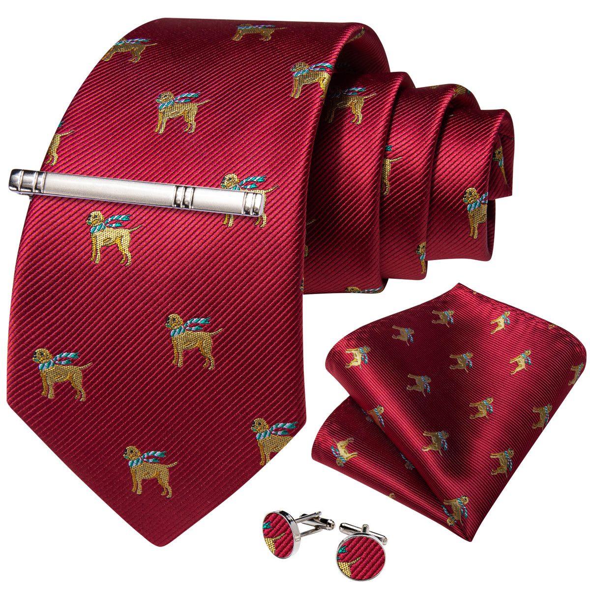 Red and Yellow Dogs Tie, Pocket Square, Cufflinks and Tie Clip tie sets - Sophisticated Gentlemen
