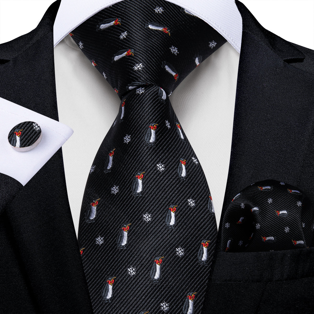 Penguins and Snowflakes Tie, Pocket Square, Cufflinks and Tie Clip tie sets - Sophisticated Gentlemen
