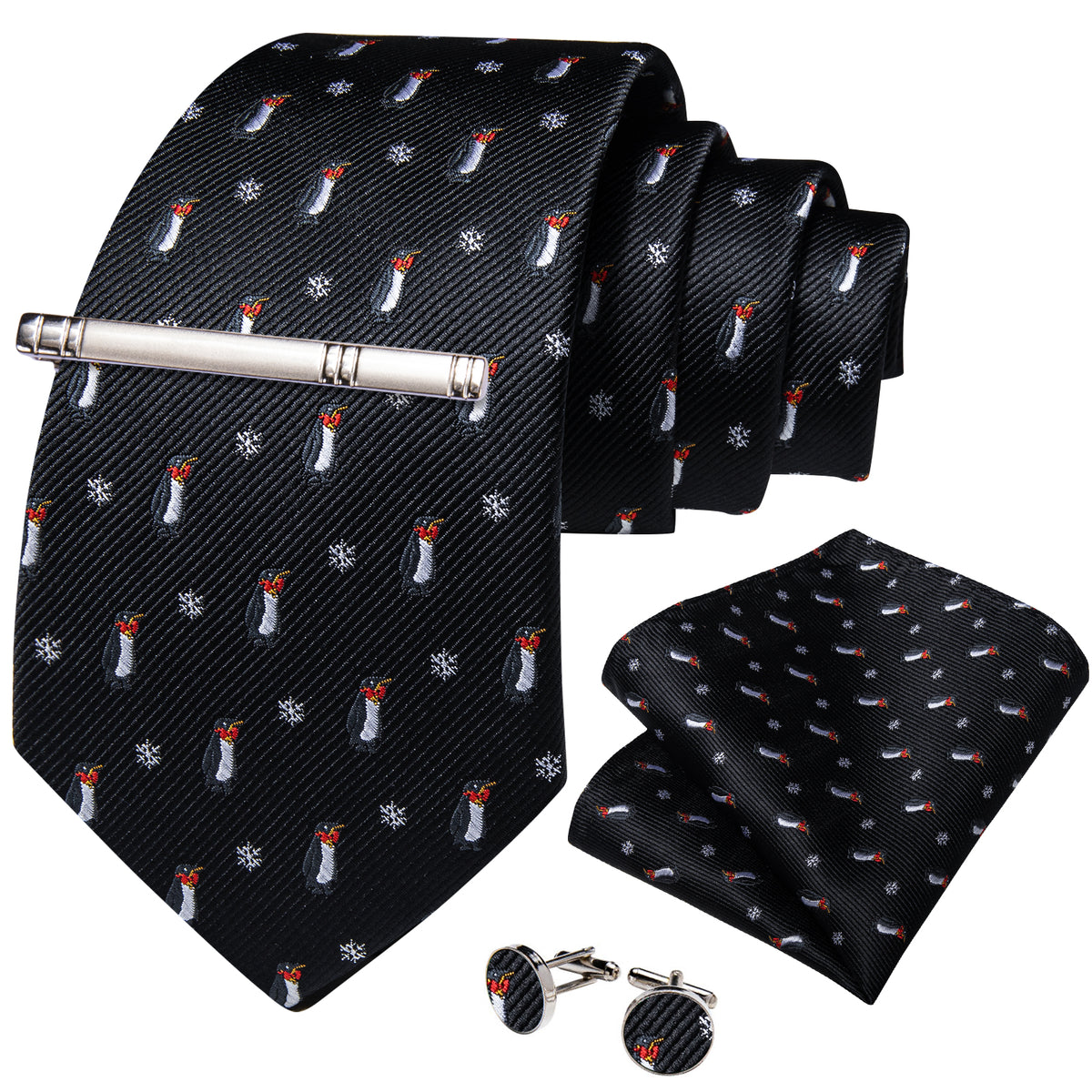 Penguins and Snowflakes Tie, Pocket Square, Cufflinks and Tie Clip tie sets - Sophisticated Gentlemen