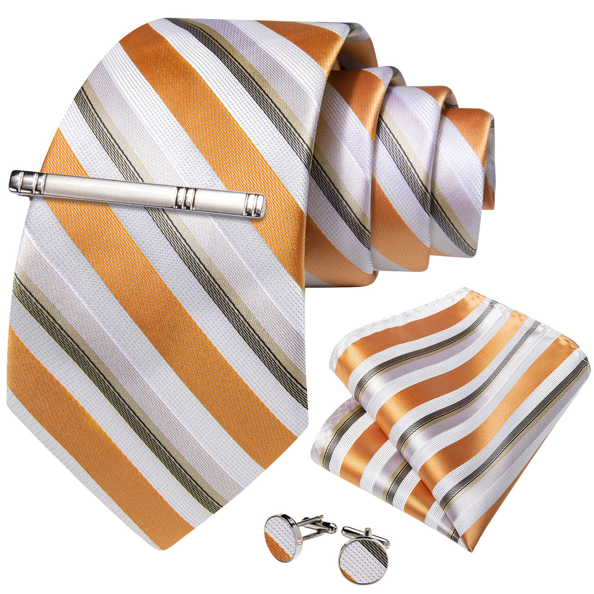 Orange, White and Green Tie, Pocket Square, Cufflinks and Tie Clip tie sets - Sophisticated Gentlemen